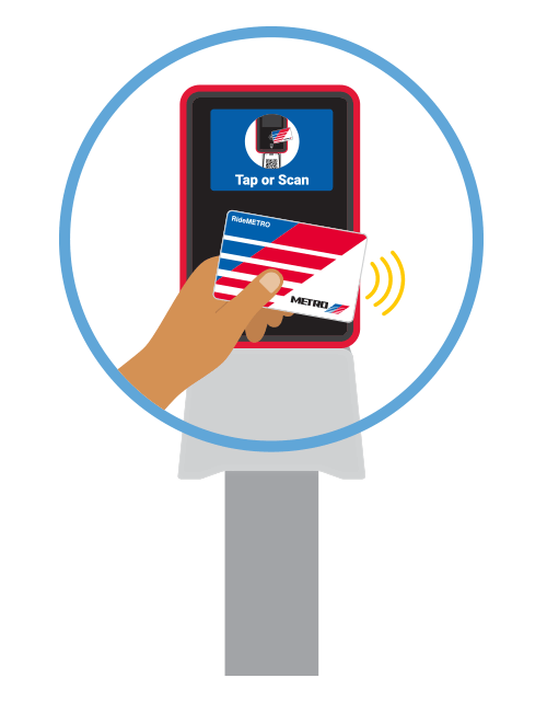 Hand holding card and tapping over a fare validator graphic.